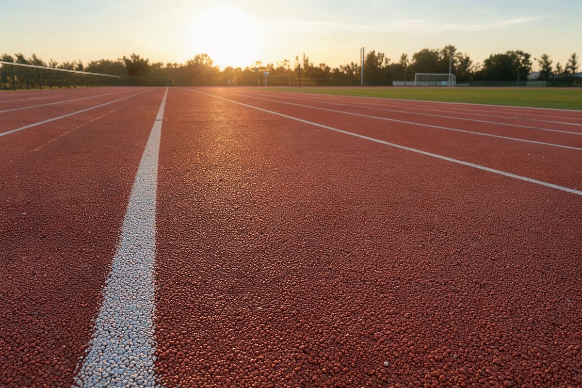 An empty red running track at ground level with white lane lines leading toward a low sun over trees