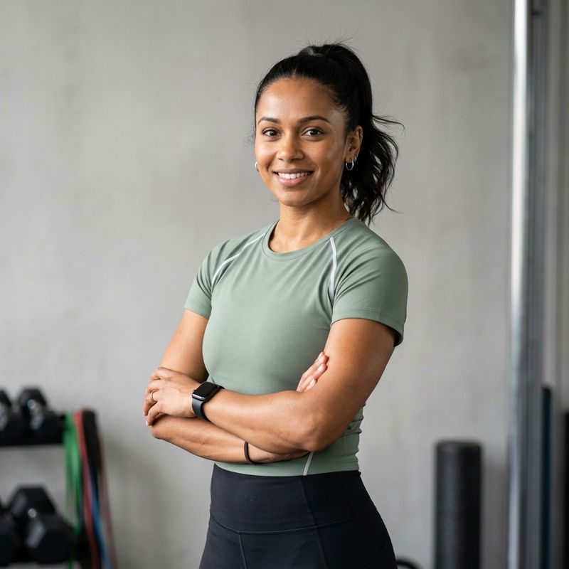 A mid-shot studio portrait of a female personal trainer with dark hair in a high ponytail wearing a fitted sage-green training top