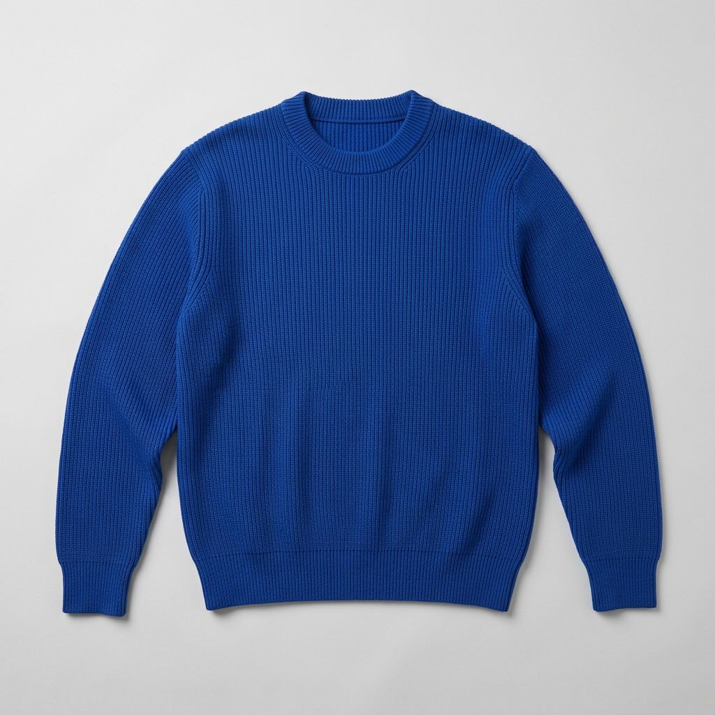 Flat-lay product photograph of a cobalt-blue ribbed-knit crewneck sweater on a plain pale grey background