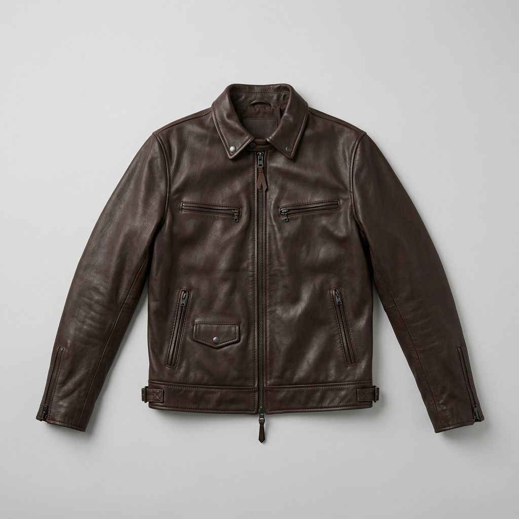 Flat-lay product photograph of a cocoa-brown leather biker jacket with the zipper visible, on a plain pale grey background