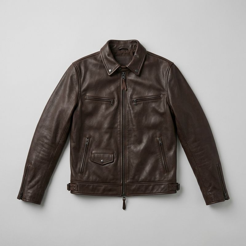 Flat-lay product photograph of a cocoa-brown leather biker jacket with the zipper visible, on a plain pale grey background