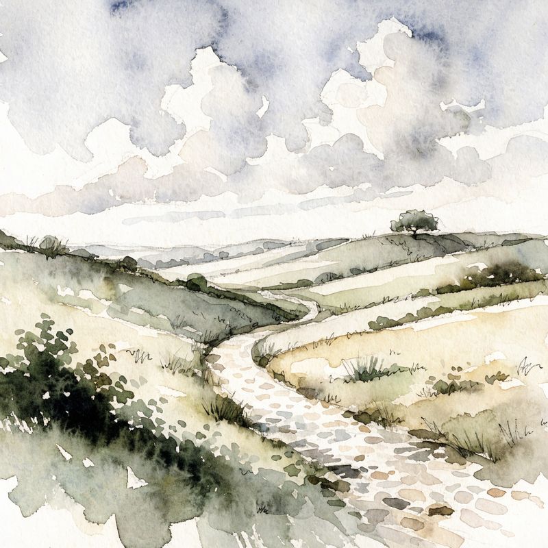 A watercolor painting of a quiet European countryside with rolling hills, a winding stone path, and a single oak tree