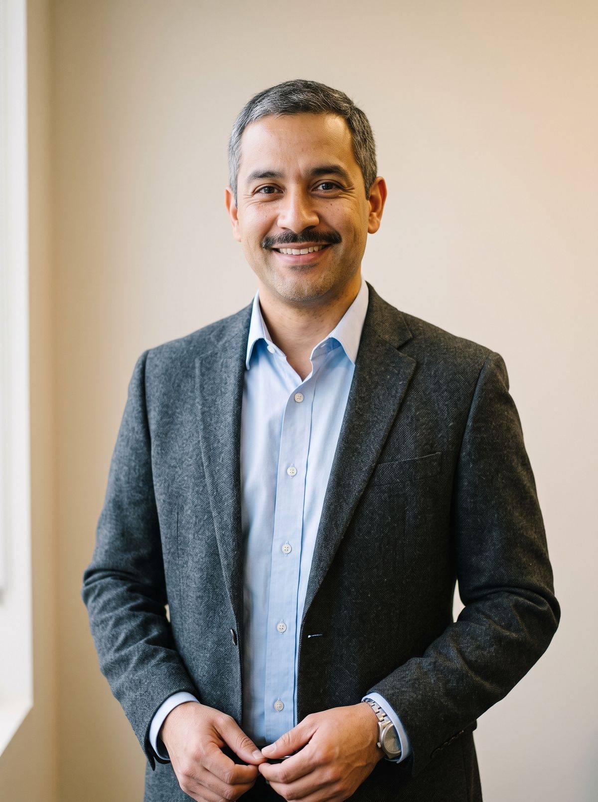 A waist-up portrait of a man with short black hair and a trimmed mustache in a light blue shirt and gray blazer