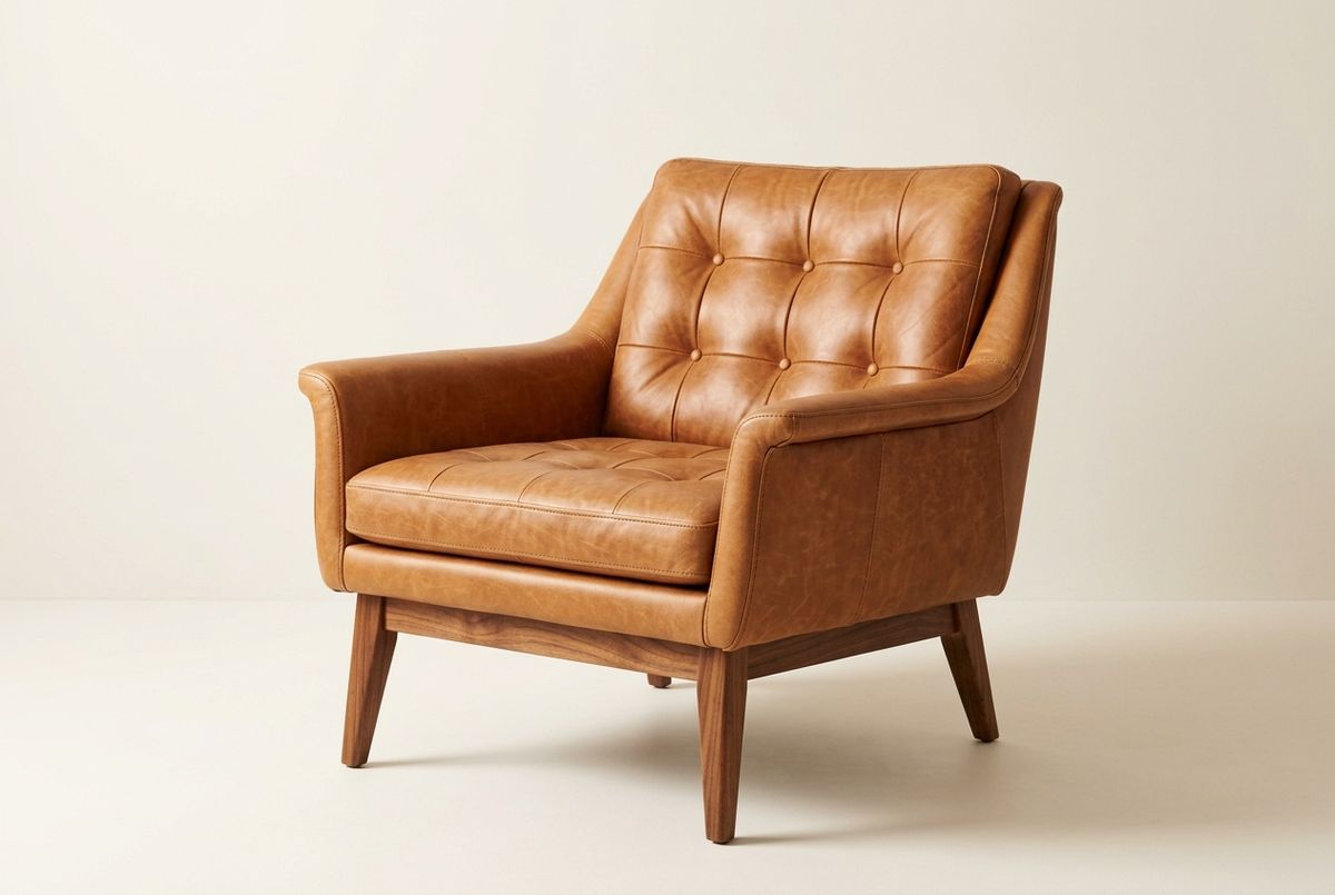 A packshot of a mid-century lounge armchair with tan leather upholstery and tapered walnut legs on an off-white backdrop