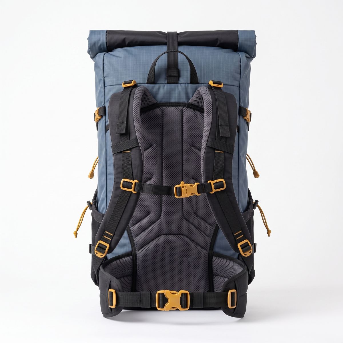 The same slate blue backpack from the harness side, showing a charcoal mesh back panel, black shoulder straps and a hip belt with mustard buckles, on white