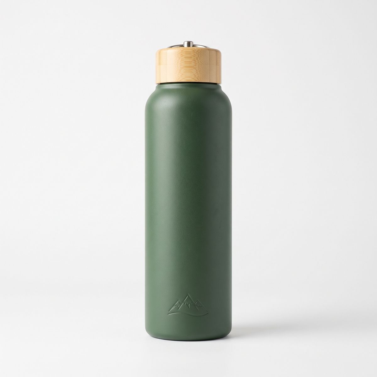 A matte forest-green insulated water bottle with a cream bamboo lid and a small embossed mountain emblem on a white background