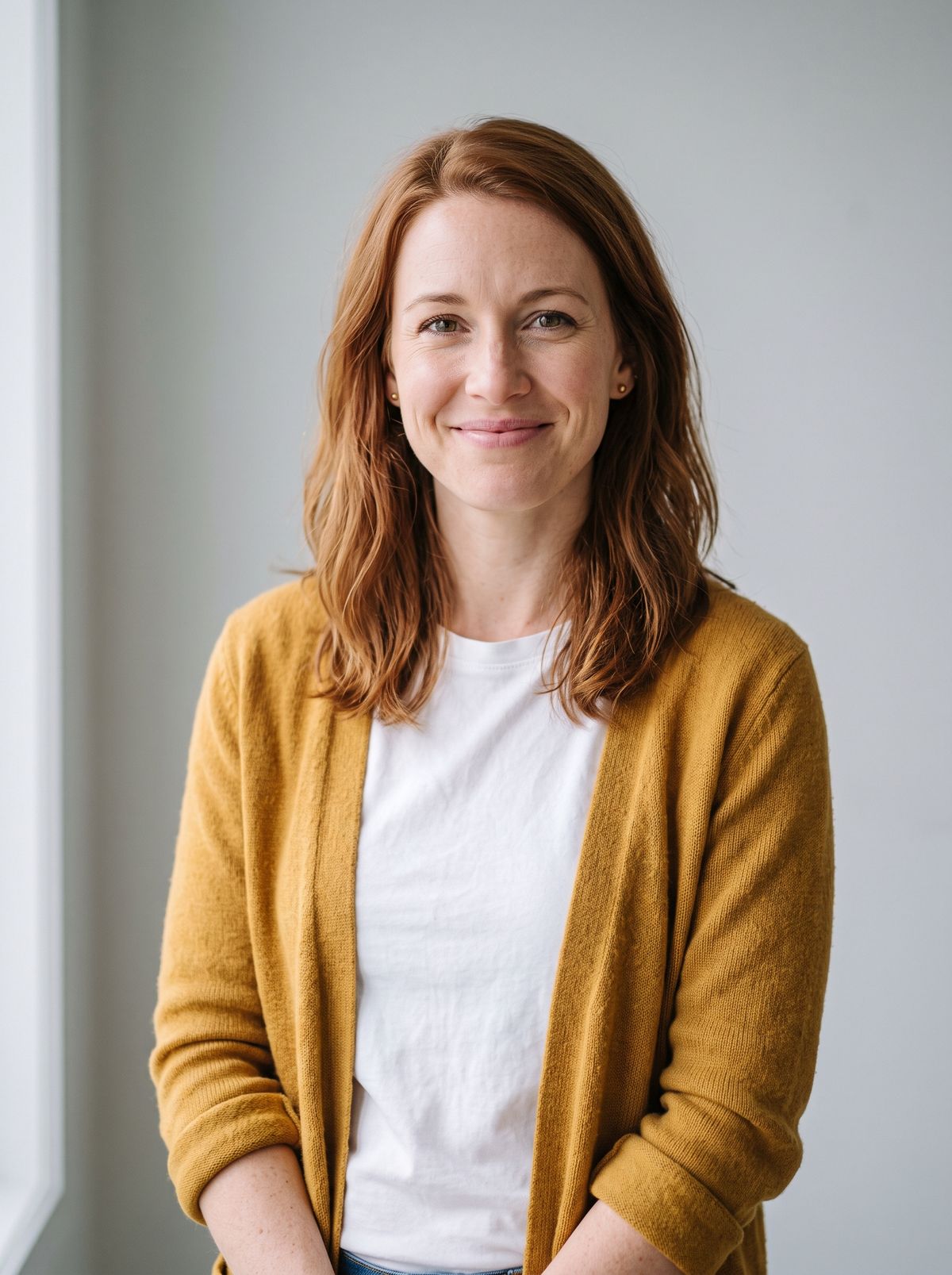 A waist-up portrait of a woman with shoulder-length auburn hair in a mustard cardigan over a white t-shirt