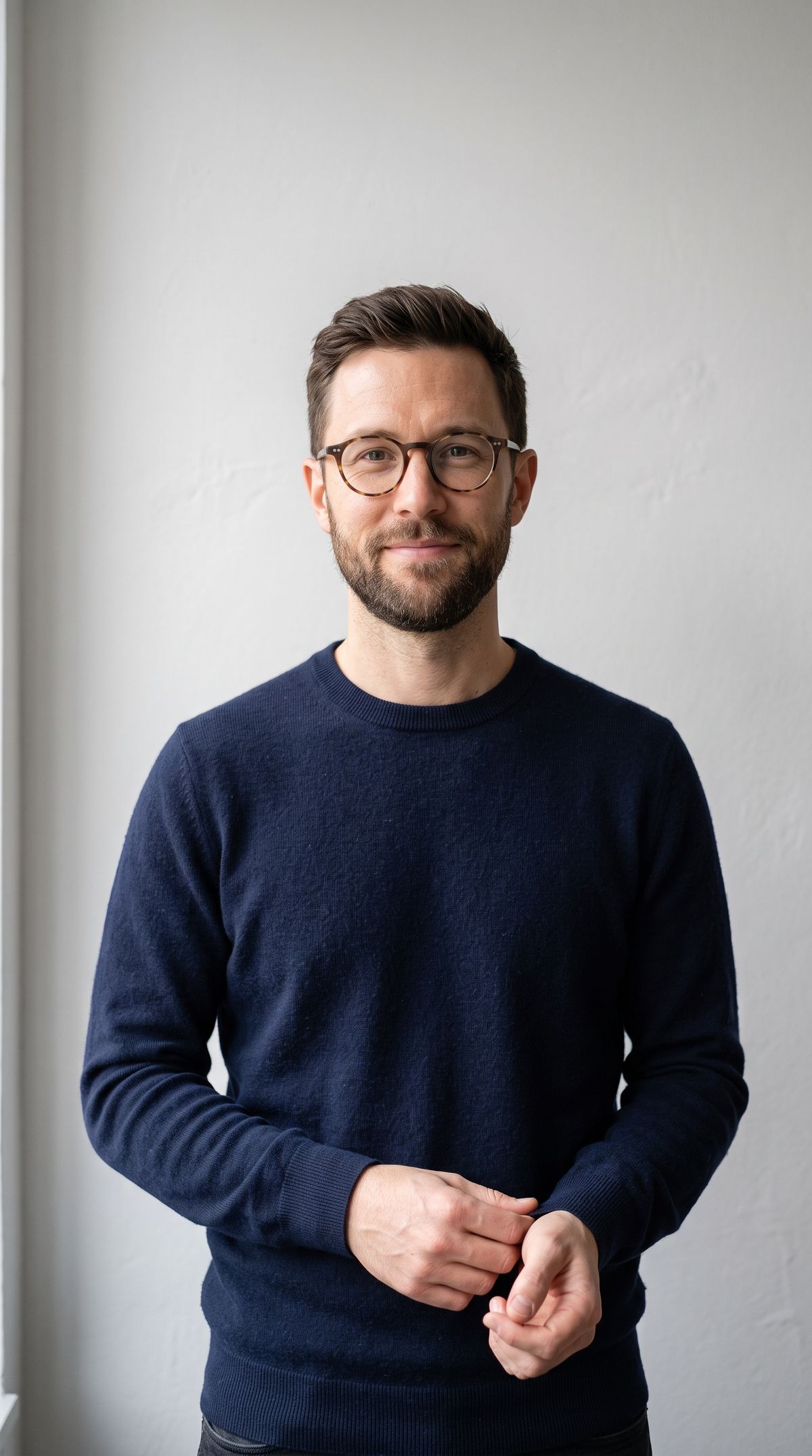 A waist-up portrait of a bearded man in round tortoiseshell glasses and a navy crewneck against a plain light-gray wall