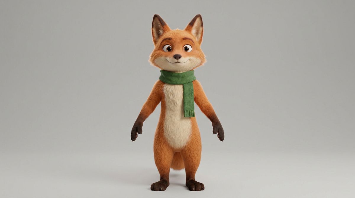 A stylized 3D fox character with orange fur and a green scarf standing in a neutral pose on a grey backdrop