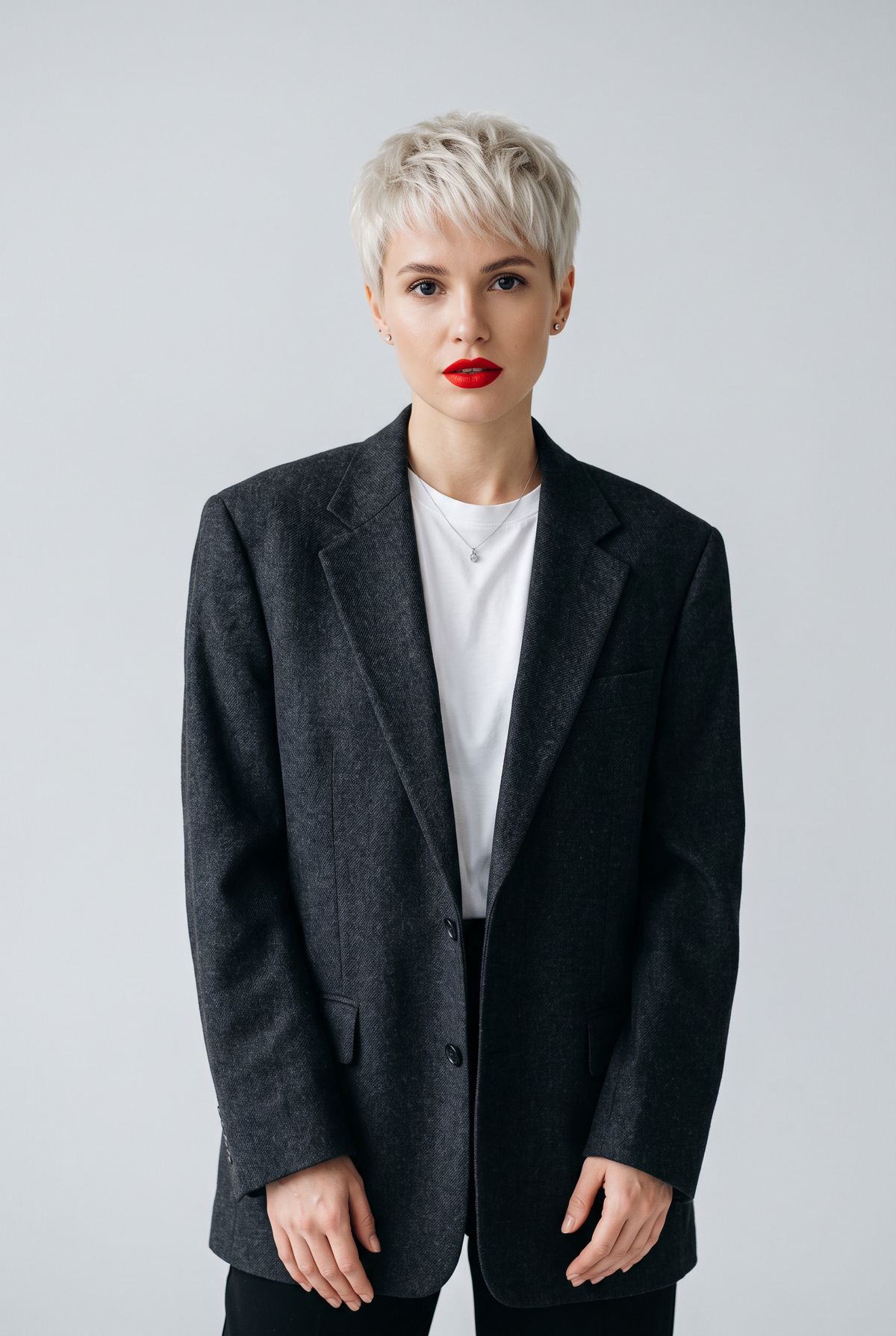 A studio portrait of a woman with a platinum pixie crop, red lipstick, and a charcoal blazer
