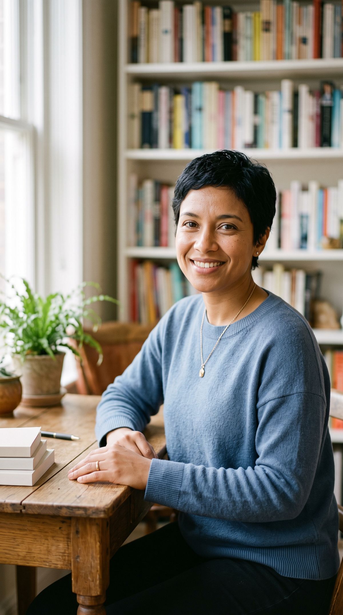 A waist-up portrait of a woman with short black hair in a pixie cut and a blue knit sweater at a wooden desk, a bookshelf soft behind her