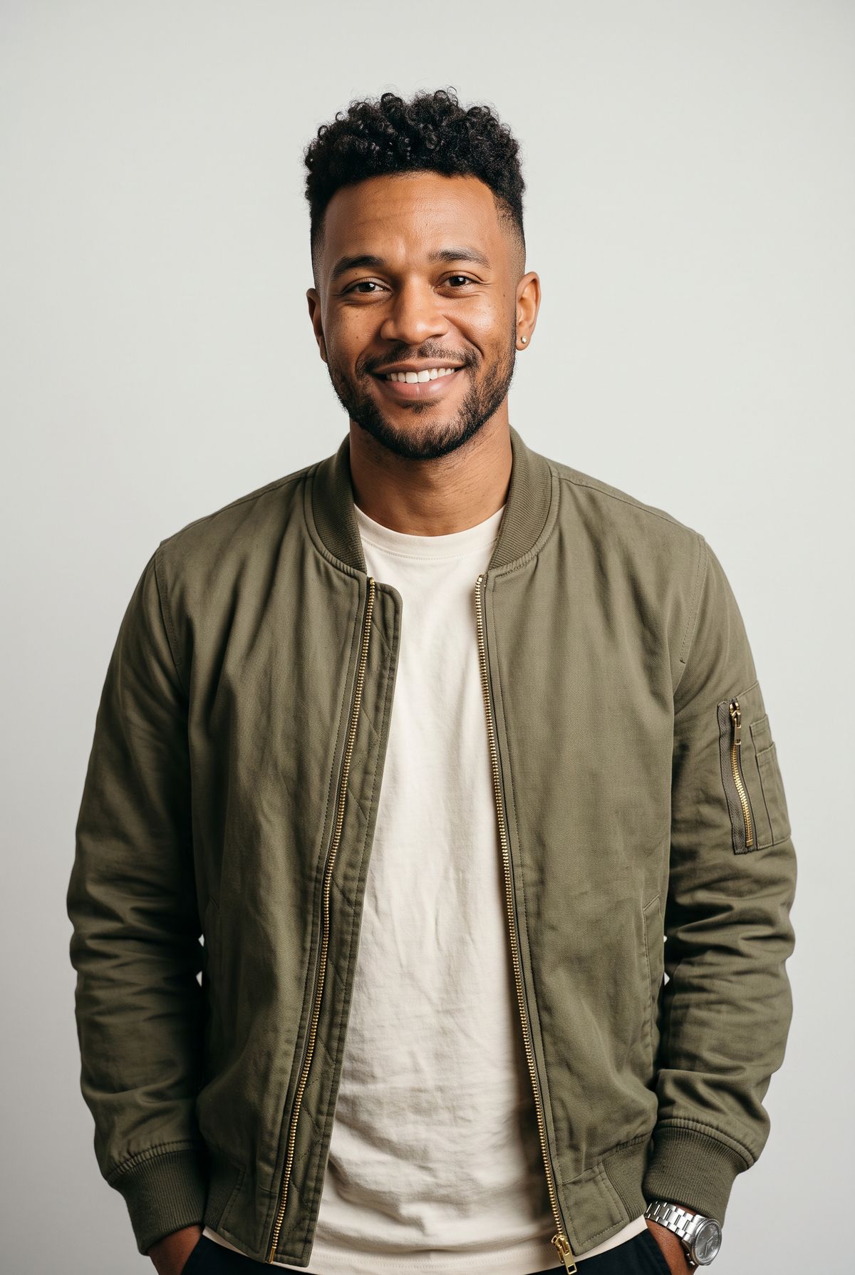 A studio portrait of a man with a dark curly undercut in an olive-green bomber jacket