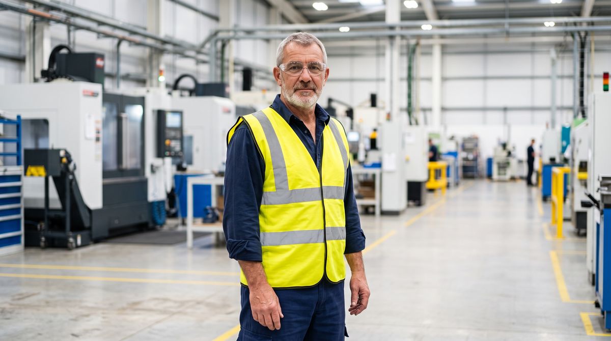 A waist-up portrait of a machine operator with a gray beard, clear safety glasses and a hi-vis yellow vest on a factory floor