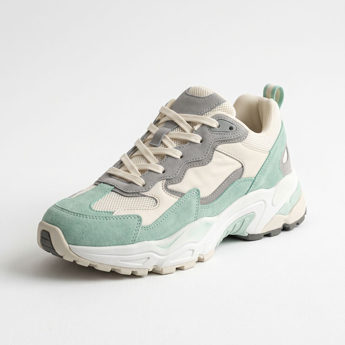 A chunky retro running sneaker in mint green, cream, and grey on a white background