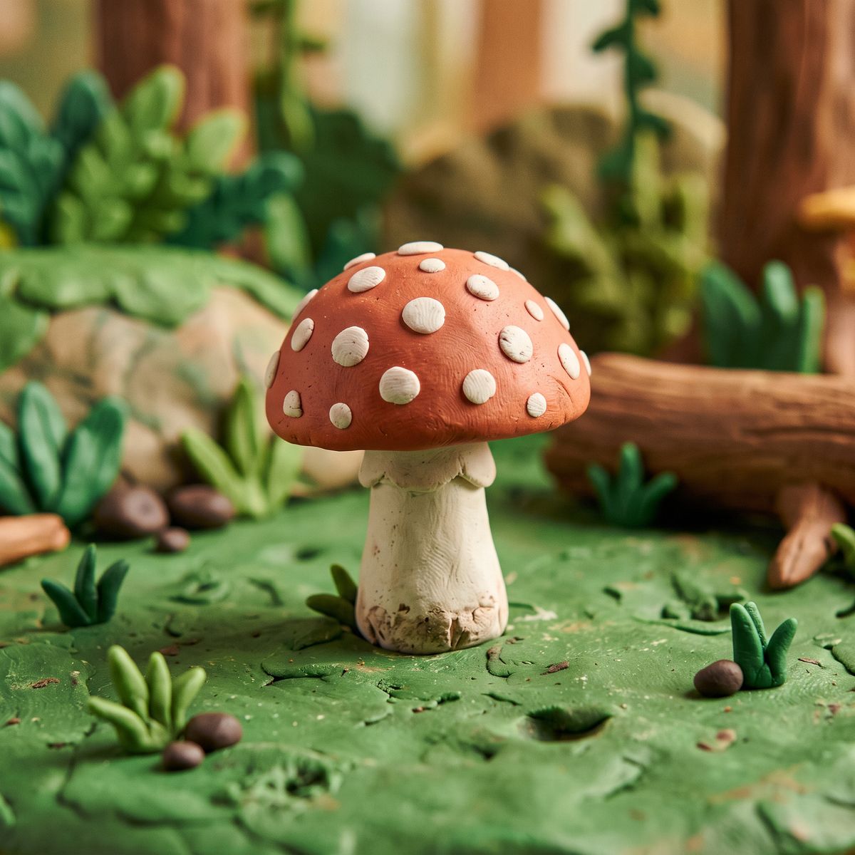 A claymation still of a small spotted clay mushroom with thumbprint texture on a green clay ground