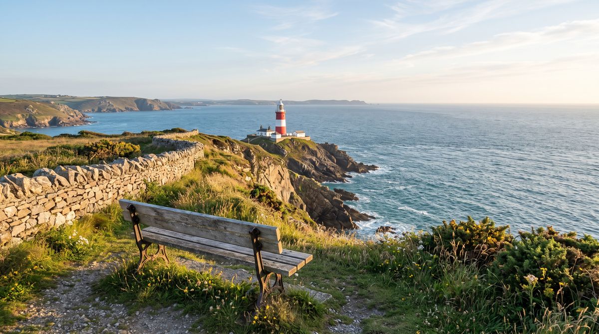 A clifftop viewpoint with a weathered wooden bench and dry-stone wall, a red-and-white striped lighthouse on the headland beyond