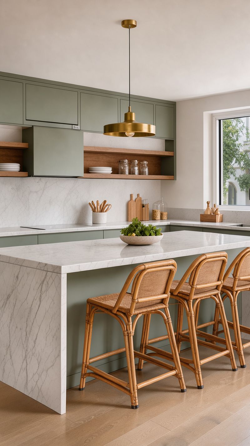 A tall vertical view of the same sage green kitchen, with the brass pendant light at the top, the marble island and rattan stools in the lower half and the open shelves behind