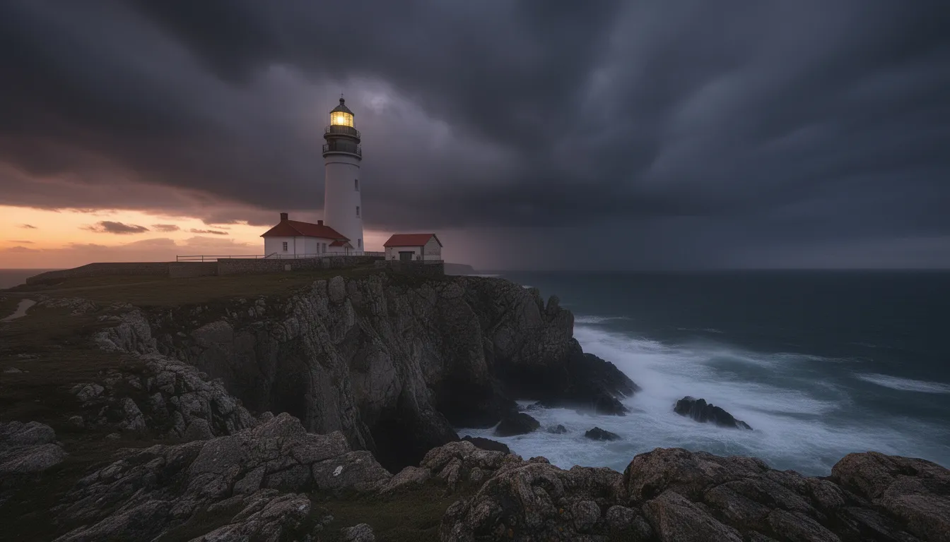 A lighthouse on a rocky cliff at dusk with storm clouds and crashing waves