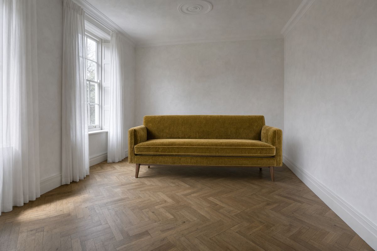 The exact mustard velvet sofa placed against the wall of the referenced room on the herringbone floor