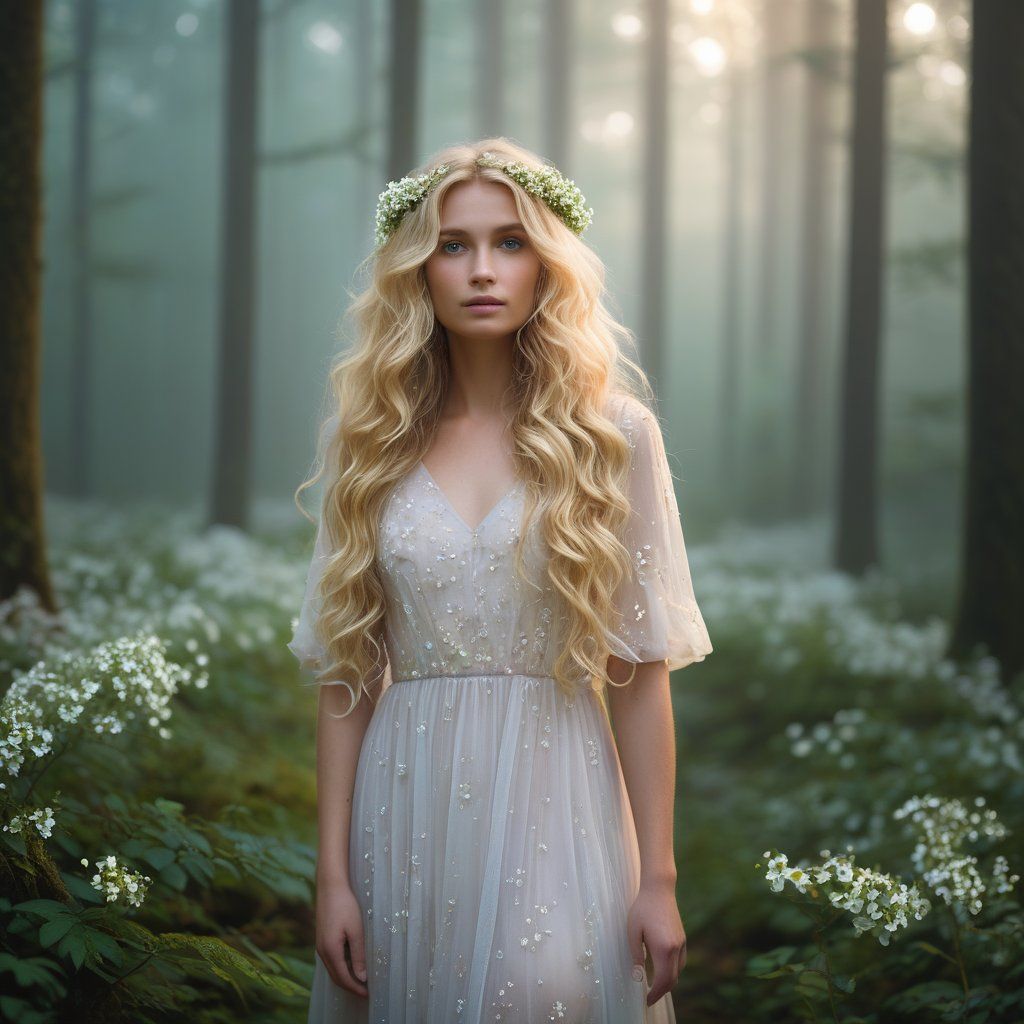 A dreamy portrait of a woman with long wavy blonde hair and white flowers, wearing a light pastel dress in a misty forest at dawn