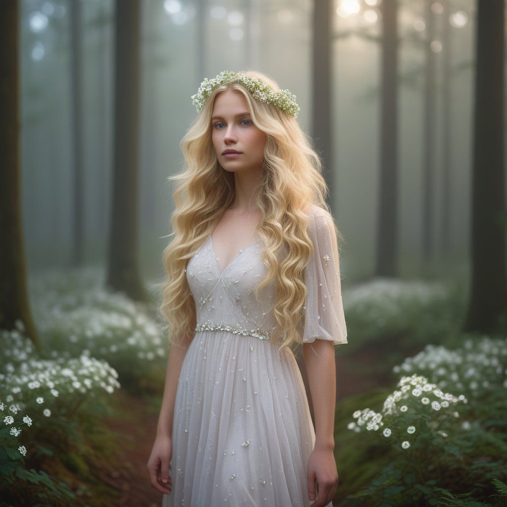 A dreamy portrait of a woman with long wavy blonde hair and white flowers, wearing a light pastel dress in a misty forest at dawn