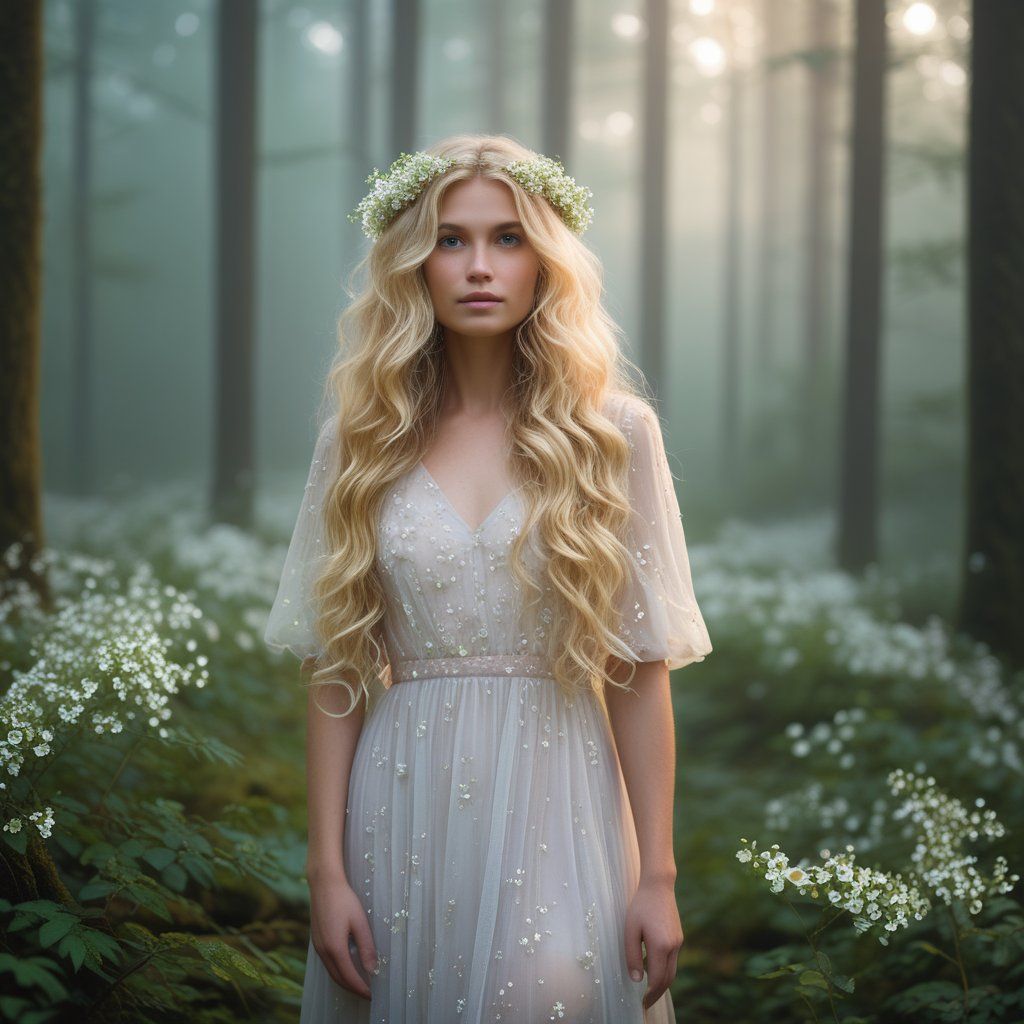 A dreamy portrait of a woman with long wavy blonde hair and white flowers, wearing a light pastel dress in a misty forest at dawn