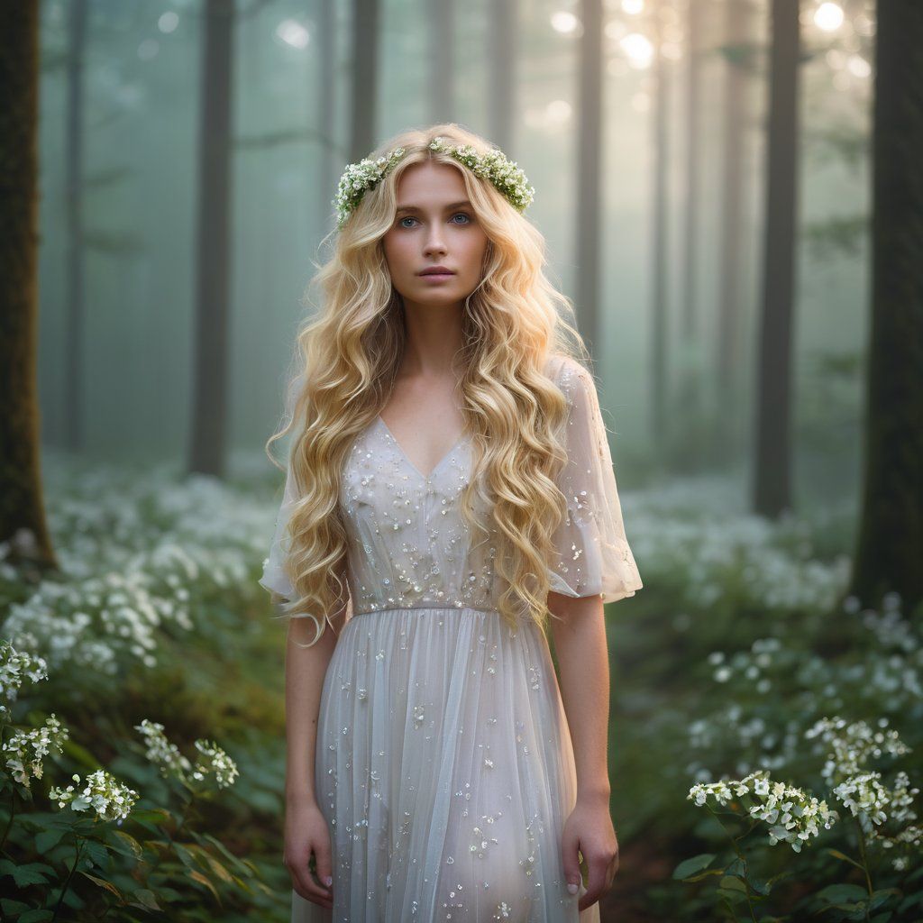 A dreamy portrait of a woman with long wavy blonde hair and white flowers, wearing a light pastel dress in a misty forest at dawn