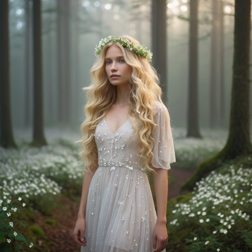 A dreamy portrait of a woman with long wavy blonde hair and white flowers, wearing a light pastel dress in a misty forest at dawn