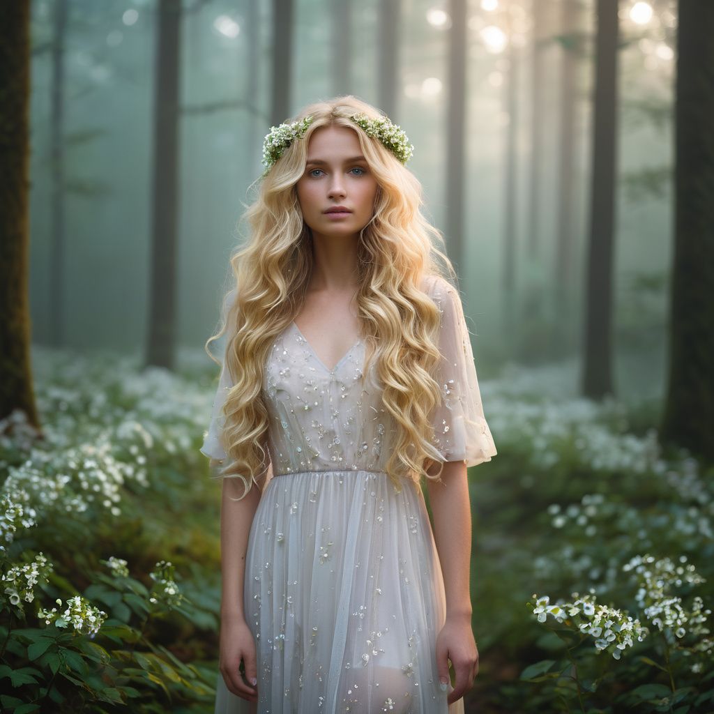 A dreamy portrait of a woman with long wavy blonde hair and white flowers, wearing a light pastel dress in a misty forest at dawn