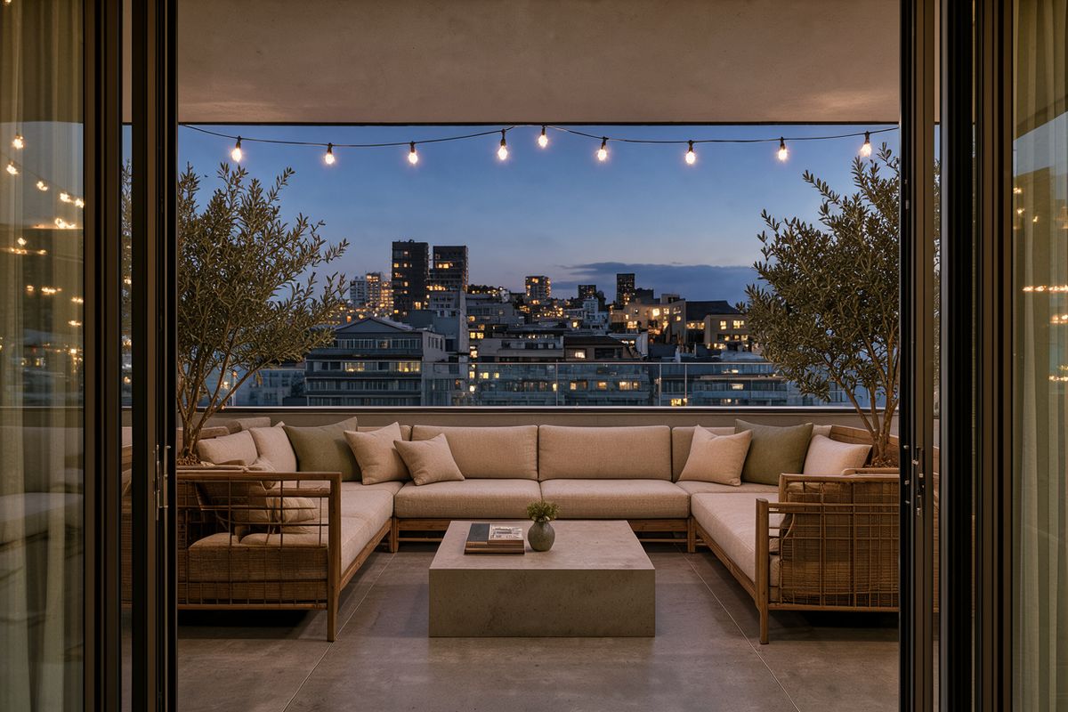 The same rooftop terrace at dusk, the sofa, table and olive trees in the same places under glowing string lights, with lit windows across a deep blue skyline