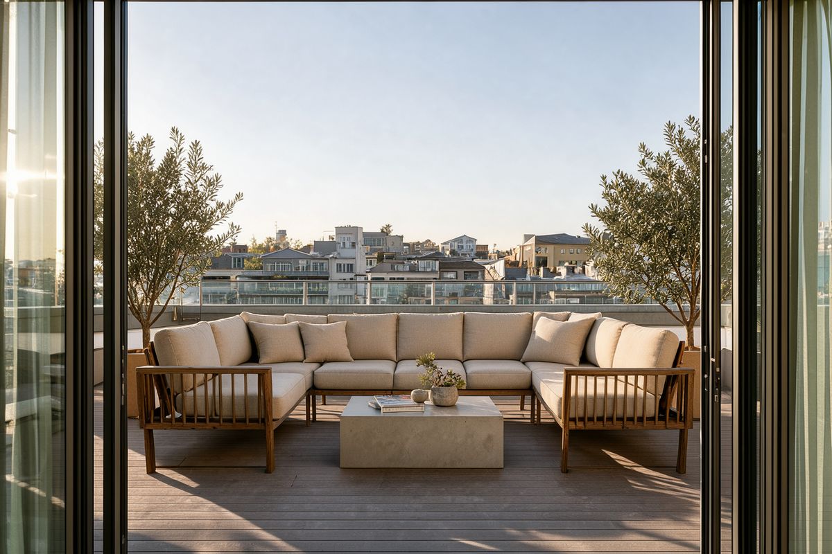 A rooftop terrace seen through open glass doors, with an L-shaped sofa in oatmeal cushions, a concrete coffee table and two potted olive trees in bright morning sun