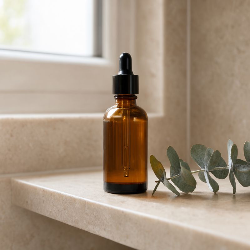 A plain amber dropper bottle with no label on the travertine shelf beside the eucalyptus