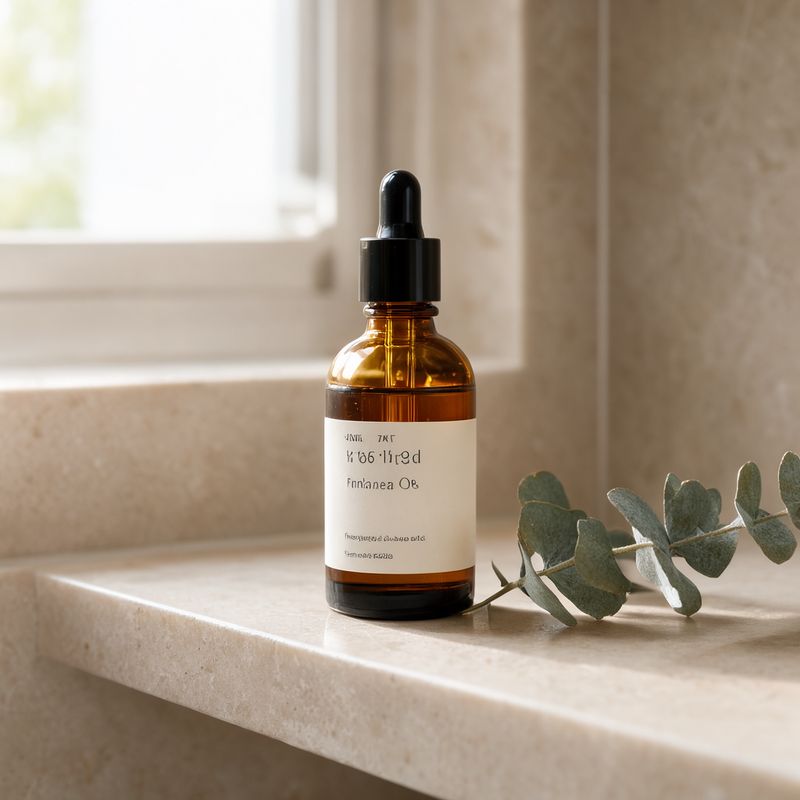 An amber dropper bottle on a travertine shelf with a white label printed in invented lettering, beside a sprig of eucalyptus