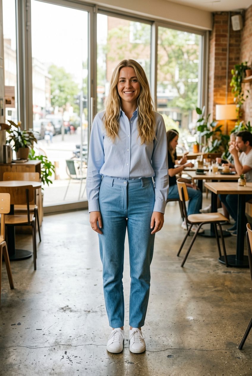 A young woman inside a sunlit modern café wearing a light blue button-down shirt fully tucked into her jeans with the waistband visible