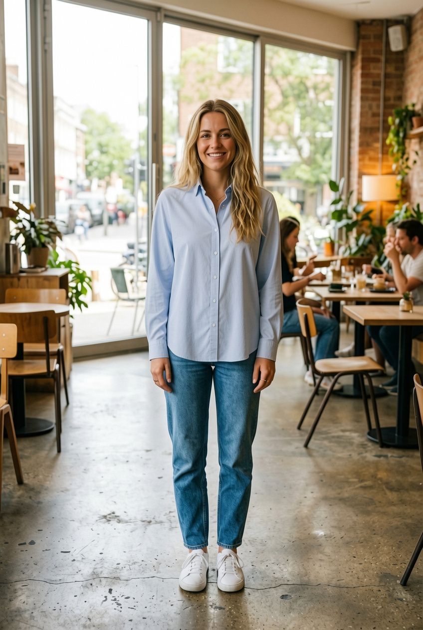 The same woman wearing the light blue button-down shirt untucked and hanging loose over her jeans