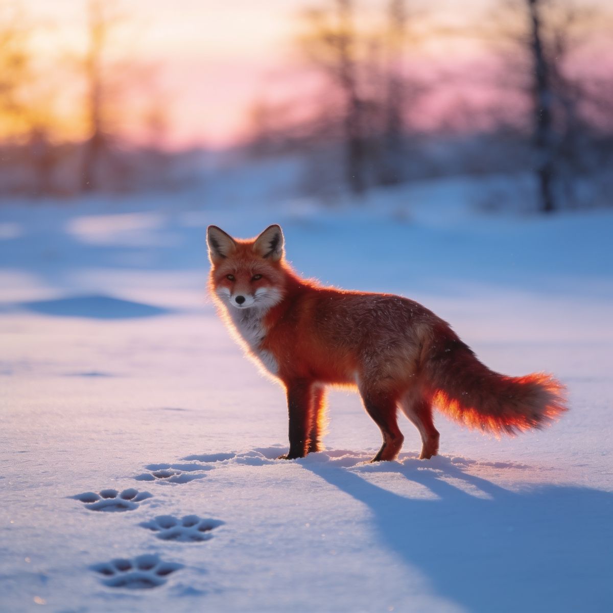 A red fox standing in fresh snow at dawn