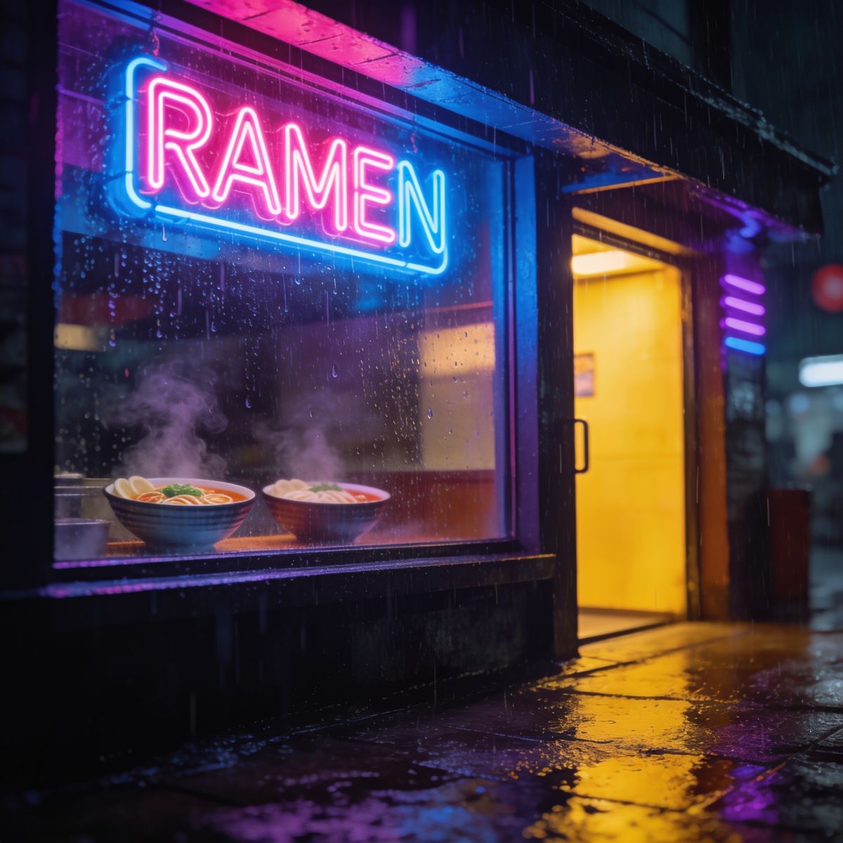 A neon-lit ramen shop on a rainy street at night