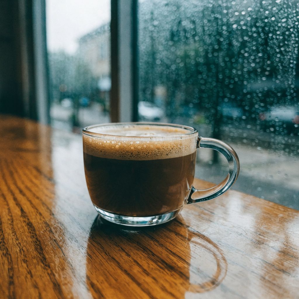 A cup of coffee on a rainy windowsill with water droplets on the glass