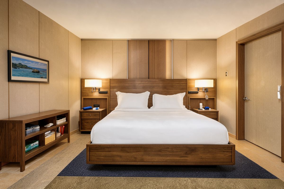 A generic hotel room with a wooden headboard, two bedside lamps, a navy rug and a framed seascape on a beige wall