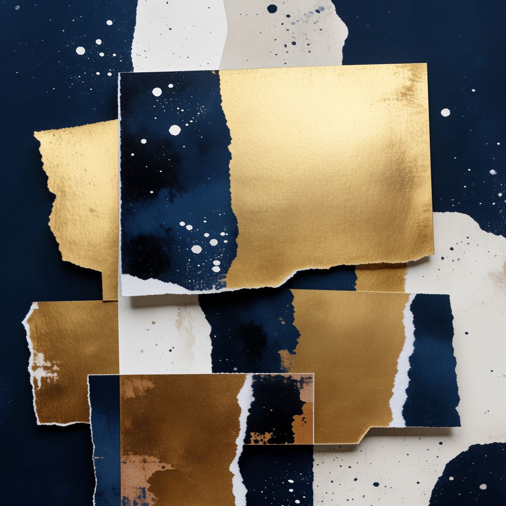 An abstract mixed-media collage with geometric shapes, ink splatters, and gold leaf on navy background