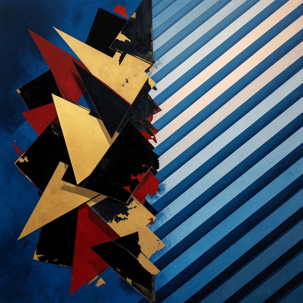 An abstract mixed-media collage with geometric shapes, ink splatters, and gold leaf on navy background