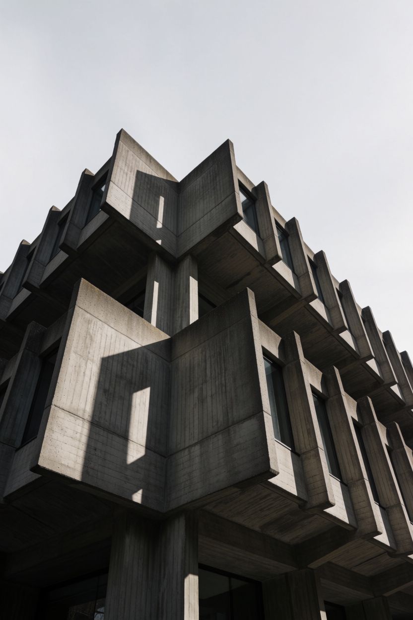 A brutalist concrete building photographed from below against an overcast sky