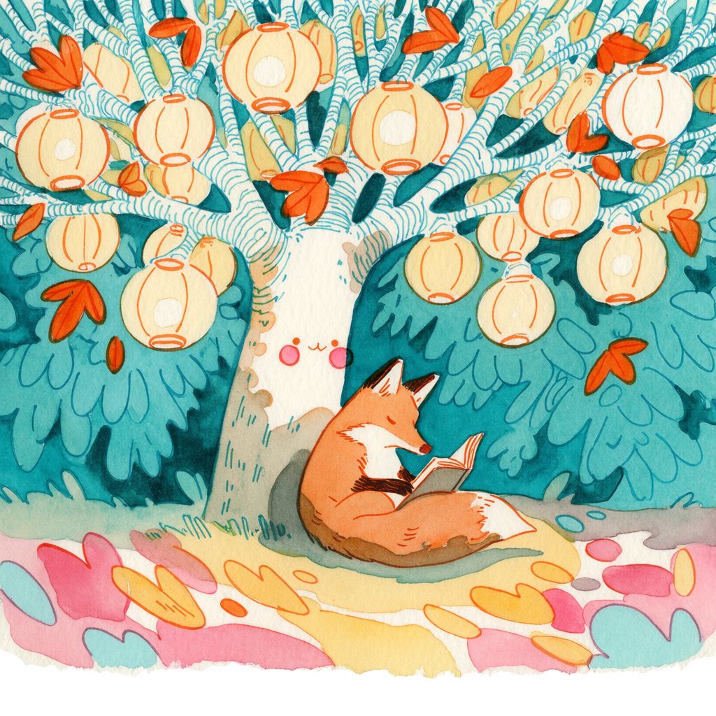 A fox reading a book under a tree full of glowing lanterns in ink and watercolor style