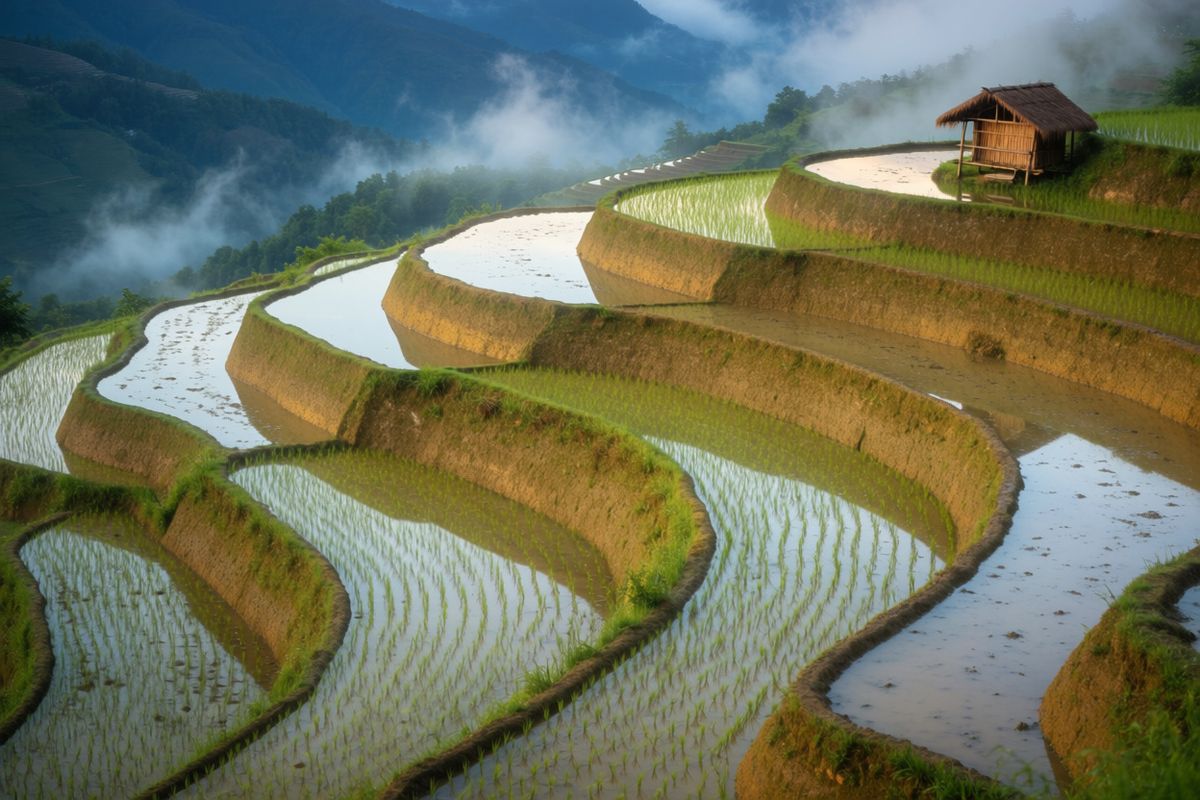 Terraced rice paddies cascading down a misty mountainside at sunrise