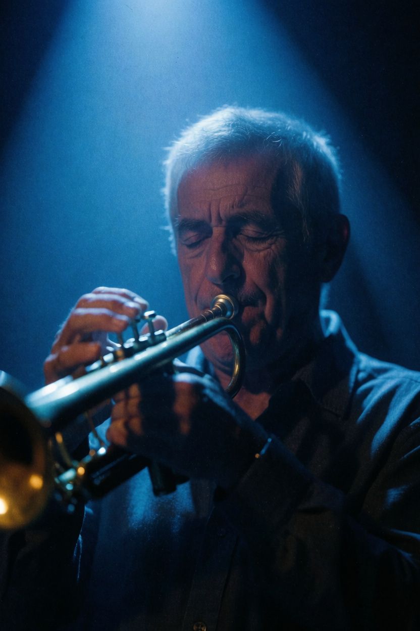 An elderly jazz musician playing a trumpet under a blue spotlight with film grain