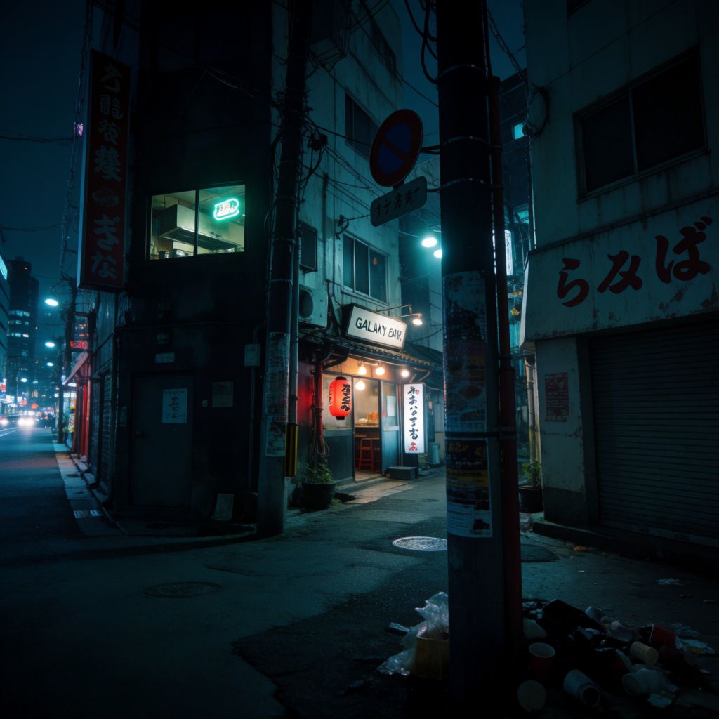 A neon-lit ramen shop on a narrow Tokyo back alley at night