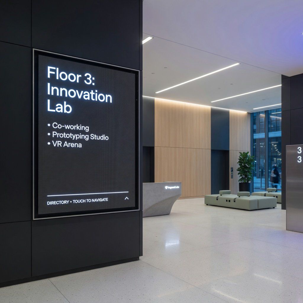 A modern office building lobby with a sleek digital directory sign showing Floor 3: Innovation Lab