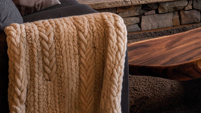 A close crop of the cream cable-knit throw beside the edge of the walnut table and the fieldstone hearth, showing individual stitches and wood grain