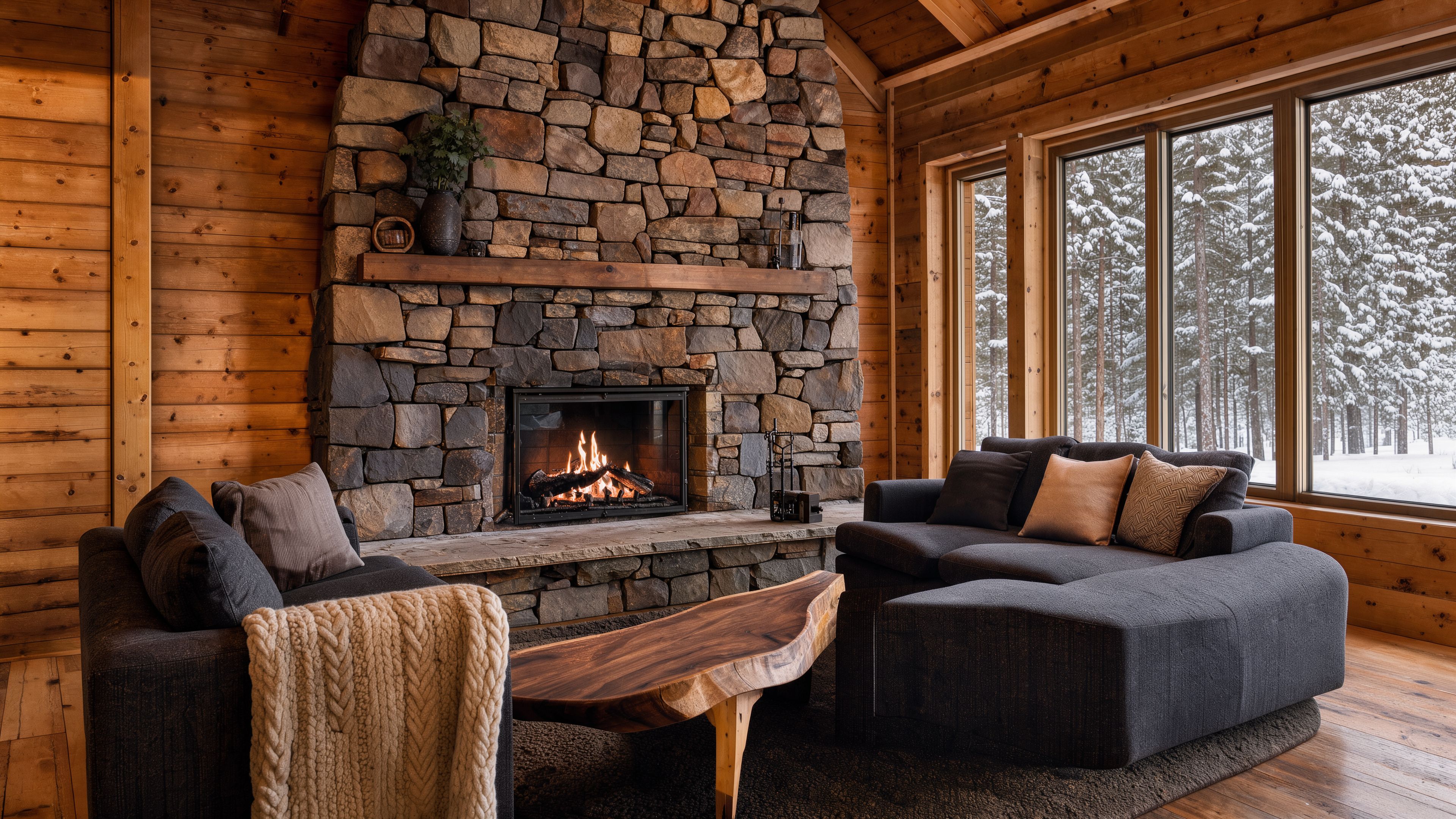 A mountain cabin living room with a stone fireplace and a lit fire, a charcoal sofa with a cream cable-knit throw, a live-edge walnut table and a window onto snowy fir trees