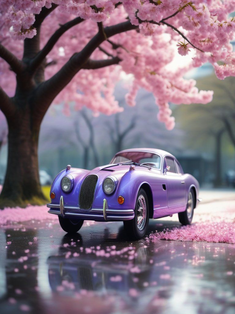 A distorted purple supercar under cherry blossoms, showing artifacts from low-strength dimension change